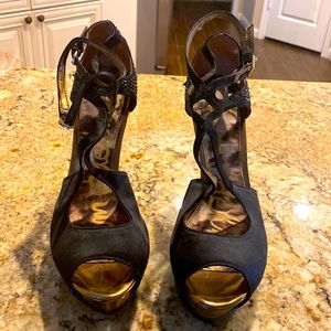 Sam Edelman  black satin heels embellished with black spikes and stones.